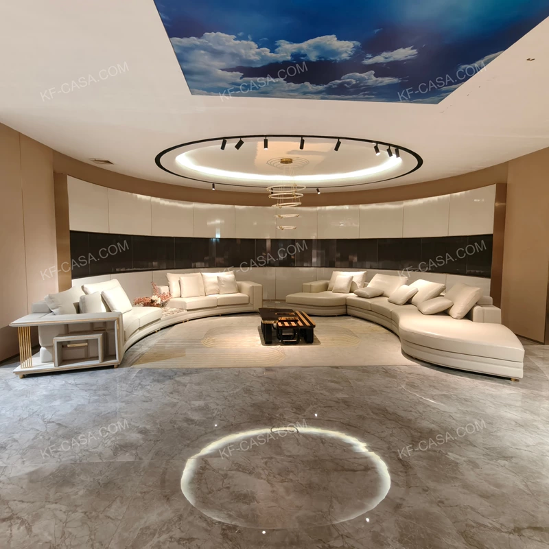 Curved Modular Luxury Sofa Set with Premium Top-Grain Leather, Polished Gold Stainless Steel Frame & Natural Marble Inlay